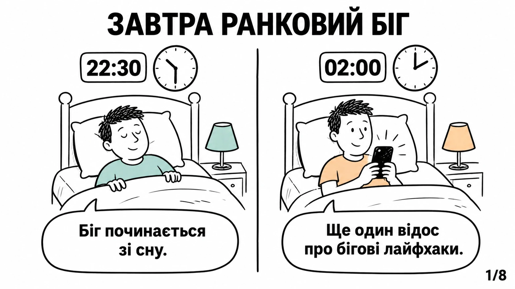 Один бігун лягає о 22:30, інший дивиться телефон о другій ночі перед ранковим тренуванням.