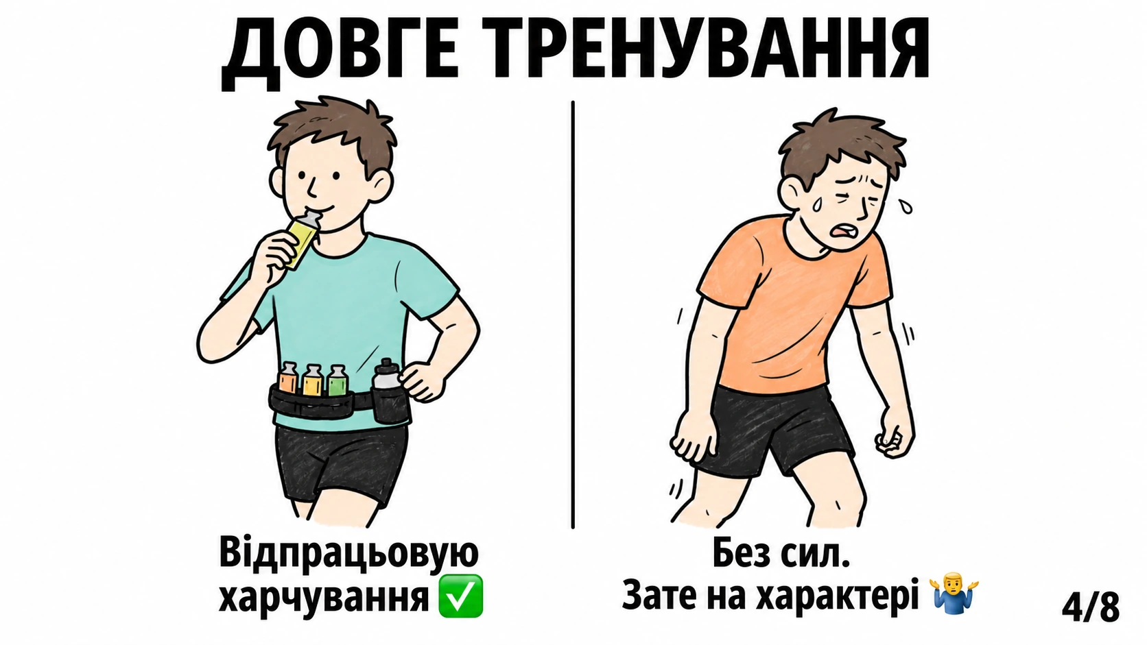 На довгому тренуванні один бігун використовує гель, інший продовжує бігти виснаженим без підживлення.