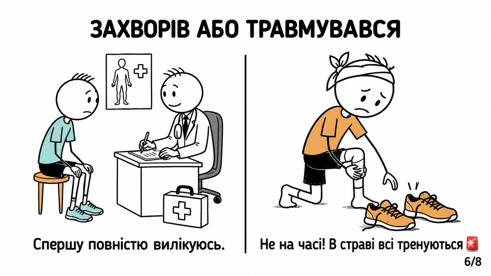 Один бігун звертається до лікаря під час хвороби або травми, інший намагається тренуватися попри поганий стан.