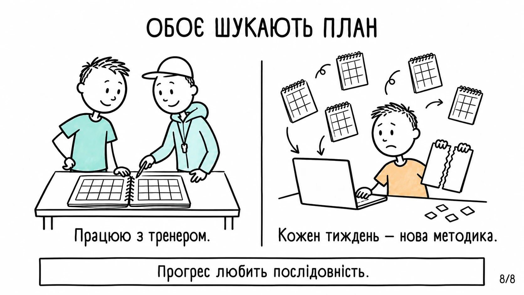 Один бігун складає план із тренером, інший щотижня змінює методику підготовки.